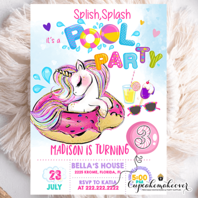 Donut Float Unicorn Pool Party Invitations Water Bash
