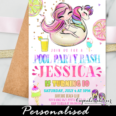 Girl Unicorn Swim Ring Pool Party Invitations