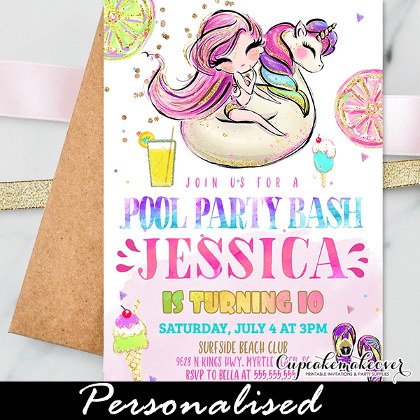 Mermaid and Unicorn Pool Party Invitation Unicorn Pool Party 4x6 EDIT NOW id: 11092 Mermaid Pool Party Invitation