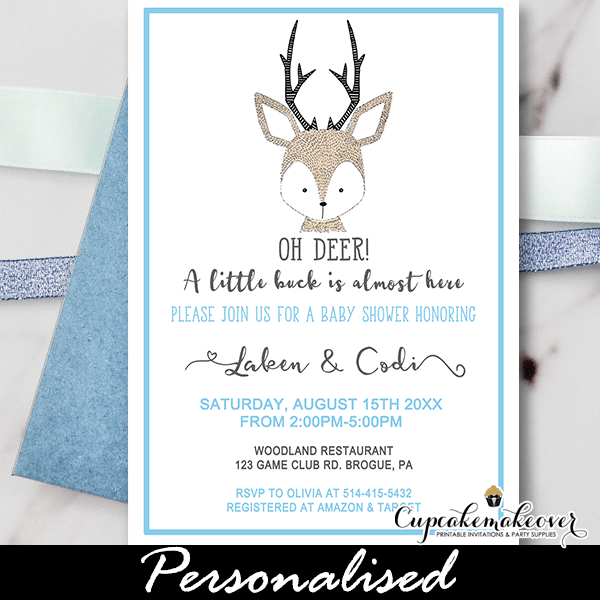 Willow Deer Blue Baby Boy Printable Baby Shower Invitation Editable PDF 