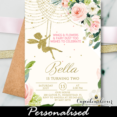 Gold Pink Floral Fairy Birthday Invite
