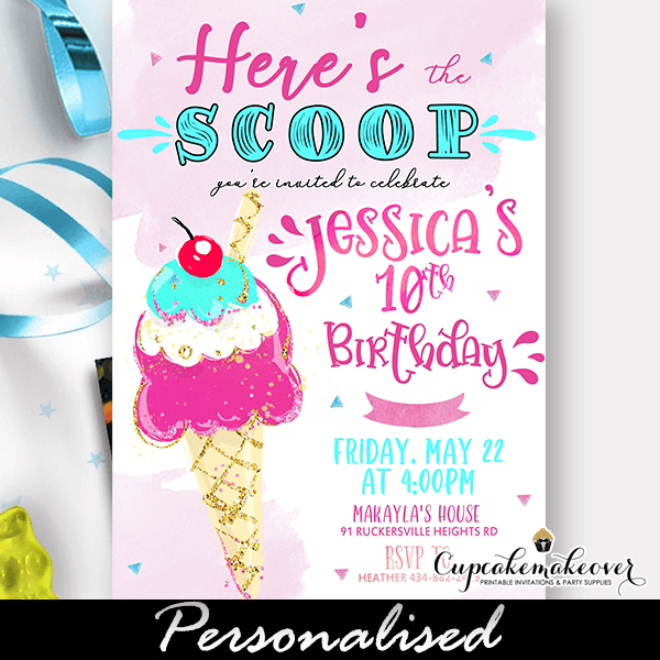 Ice Cream Sweet Birthday Party Invitations Personalised