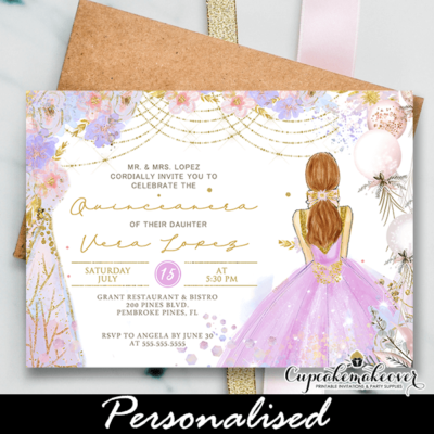 Quinceanera Invitations Spanish or English, Pink Gold templates ideas