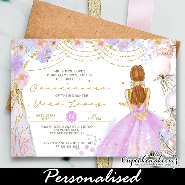Quinceanera Invitations Spanish or English, Pink Gold