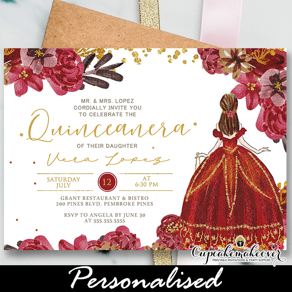 Quinceanera Invitations Spanish or English, Burgundy Red Gold
