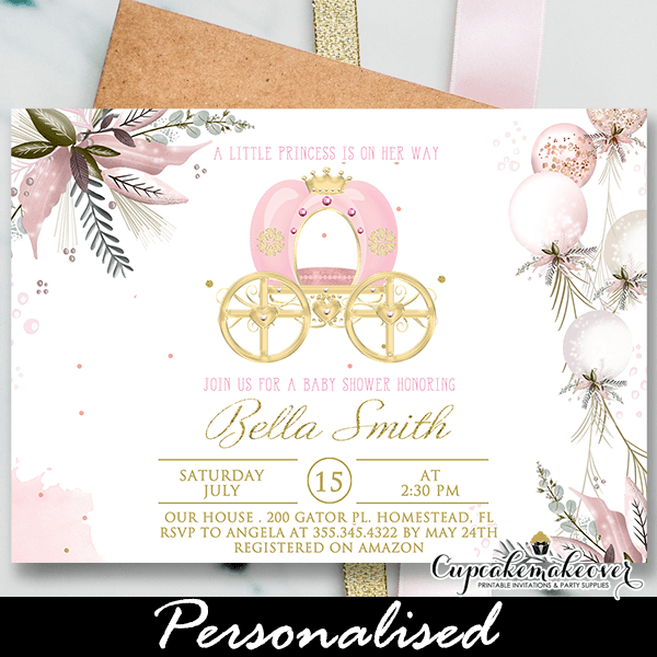 Download Elegant Royal Carriage Princess Baby Shower Invites Gold Pink Cupcakemakeover
