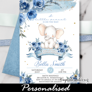 Floral Blue Baby Shower Elephant Invitations - Cupcakemakeover