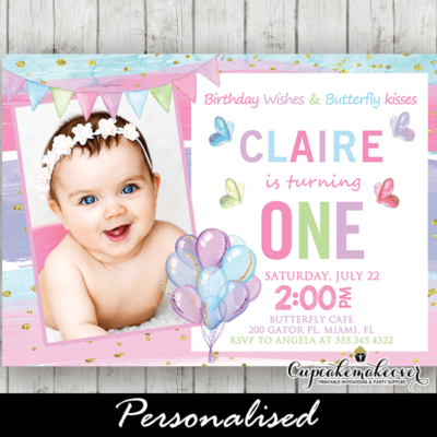 Pastel Balloons butterfly birthday invitations template with photo first 1st