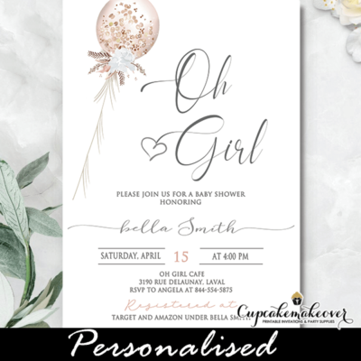 Oh girl Baby Shower Invitations, pink Balloon