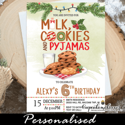 Christmas Milk and Cookies and Pajamas Party Birthday Invitation holiday theme