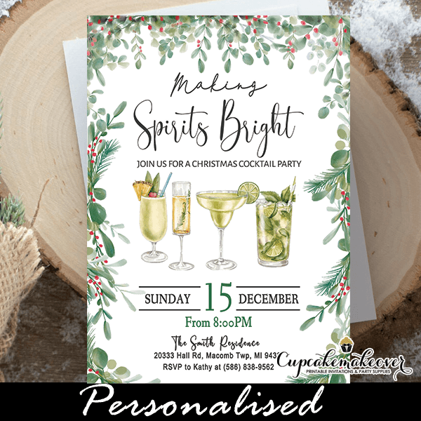 Christmas Cocktail Party Invitations, Greenery Making Spirits Bright