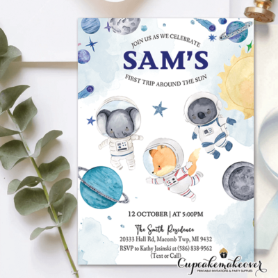 Cute Astronauts Outer Space Galaxy Birthday Invitations