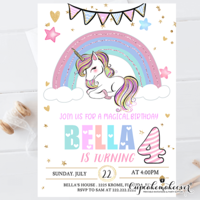 Glitter Rainbow Unicorn Birthday Invitations girl party ideas