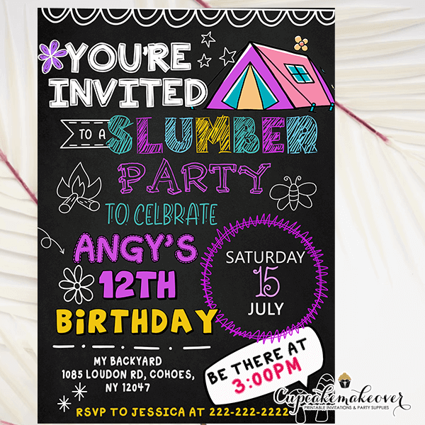 Neon Doodle Glamping Tent Slumber Party Invitations pajama ideas
