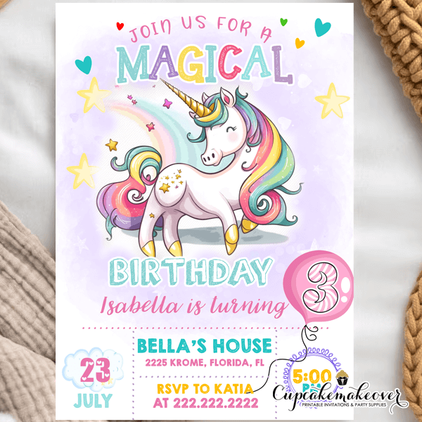 Magical Unicorn Party Invites girl birthday theme ideas