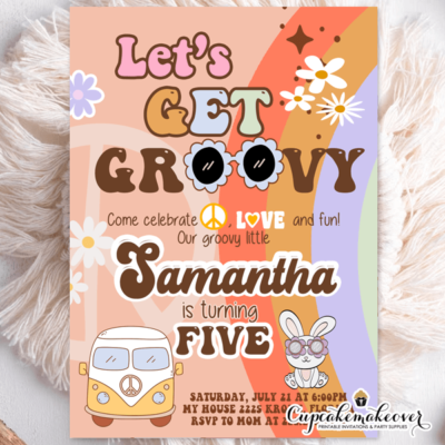 Let's Get Groovy Party Invitations hippie girl retro
