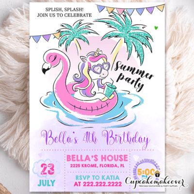Splish Splash Unicorn Flamingo Pool Party Invitations