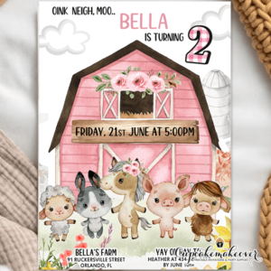 Barnyard Farm Birthday Invitations, Girl Pink