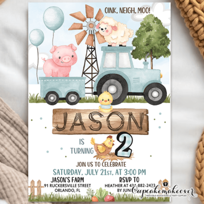Blue Tractor Farm Birthday Invitations, Boys