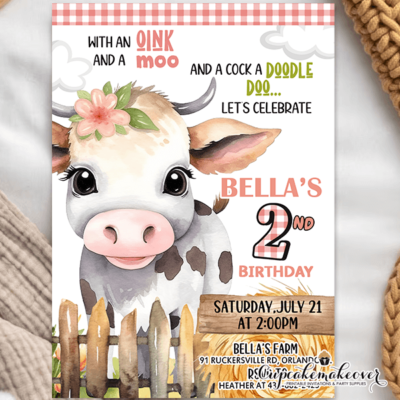 Cow Birthday Invitations, Girl Pink farm theme party