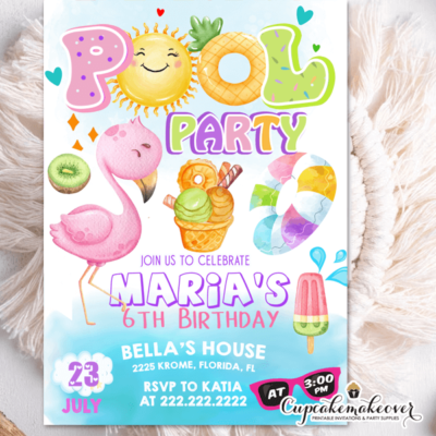 pink flamingo pool party invitations girls birthday
