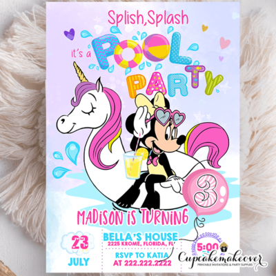 Minnie Mouse Pool Party Invitations, Unicorn birthday Float