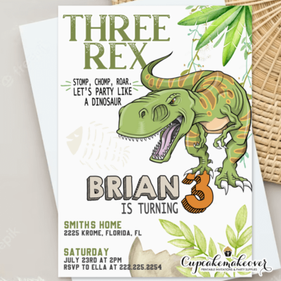 Three Rex Birthday Invitation Jurassic World dinosaur