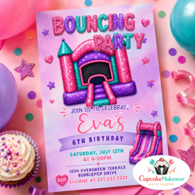 bounce house invitation, glitter birthday invite, girls birthday invitation, pink purple birthday, bouncing party invite, inflatable party invitation, trampoline birthday invite, kids birthday template, printable birthday invitation, digital birthday invite, pastel party invite, glitter bounce house, indoor playground party, fun birthday celebration, birthday party printable, editable invitation template, colorful birthday card, girls party decor, jump party invitation, sparkle birthday invite