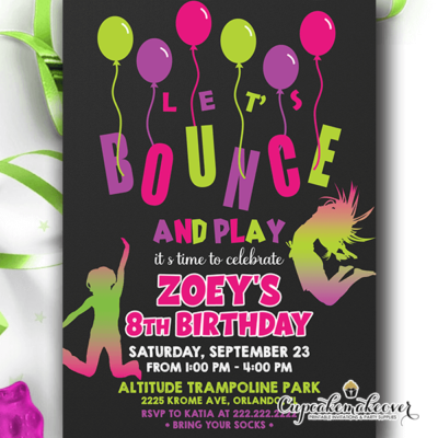 Bounce & Play trampoline party Invitations for Girls Personalized