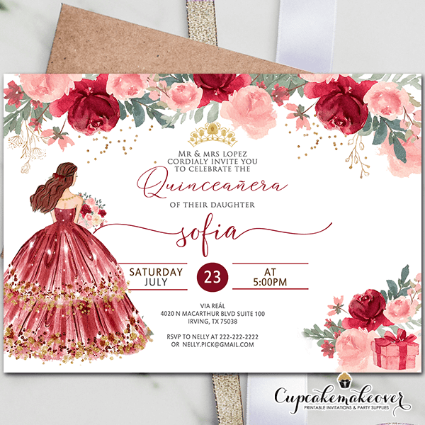 Quinceanera Invitations Spanish or English, Floral Burgundy Red Pink