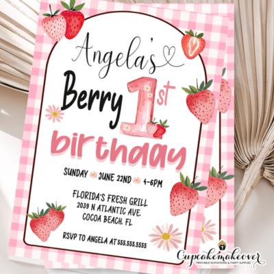 Strawberries, daisies and Berry Sweet Birthday Invitation