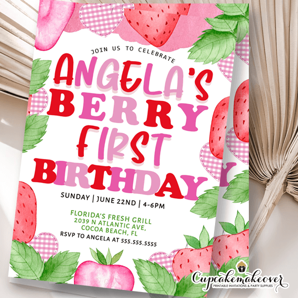 Girl Pink Gingham Berry First Birthday Invitation