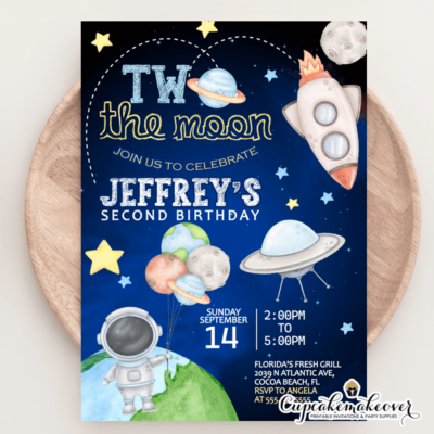 Outer space galaxy astronaut planets Birthday party invitation boys