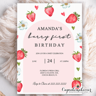 strawberry first birthday summer invitation