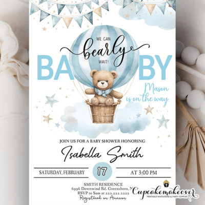 Hot Air Balloon Teddy Bear Baby Shower Invitations Boy
