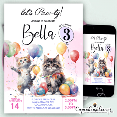 balloons watercolor cat itten Birthday Invite Kitten me Right Meow Invite Party Animals Girl