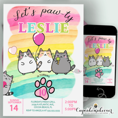 rainbow birthday party invitations kitten Plushies
