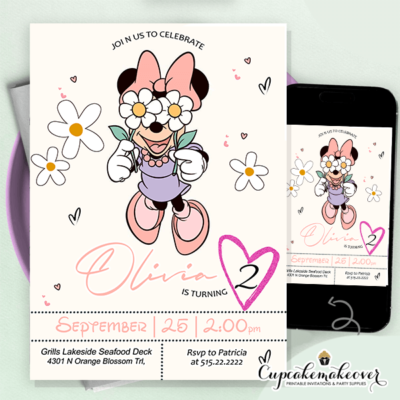 Oh Twodles pink heart minnie mouse invitation invite summer