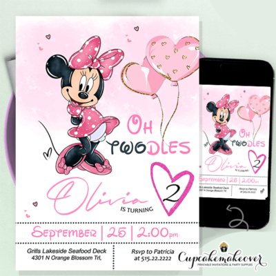 minnie mouse birthday invitations balloon pink gold