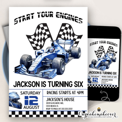 Blue Formula 1 Race Car Birthday Invitations racing theme boys