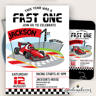 Fast One Red Race Car Birthday Invitations boy racing party theme