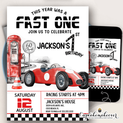 Fast One Vintage Race Car Birthday Invitation boy racing party theme
