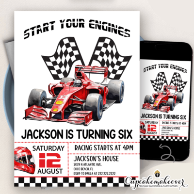 red Formula 1 Race Car Birthday Invitations racing theme boys