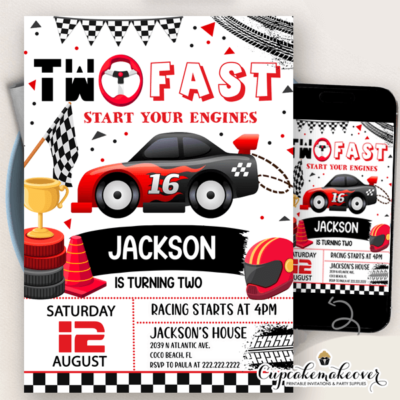 Two Fast Hot wheels Race Car Birthday Invitation boy party