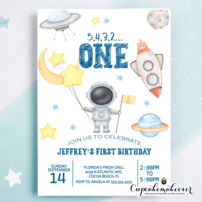 First Trip Around the Sun Outer Space First Birthday Invitation Galaxy Blast Off