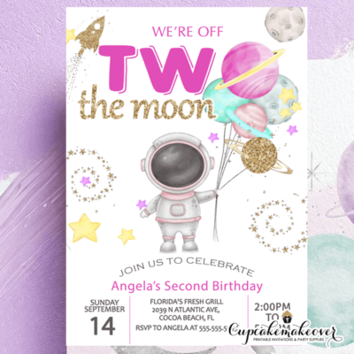 Girls 2nd Birthday Invitation Two The Moon Editable Pink Two Birthday Outer Space Party Invitation Girl