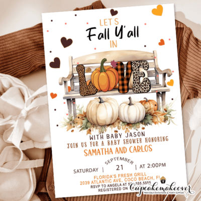 Fall in Love Baby Shower Invitations Autumn Bench