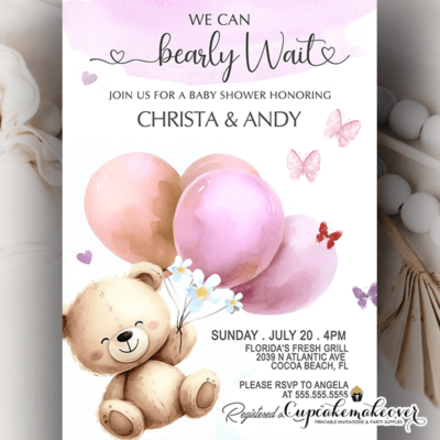 Pink Balloons Teddy Bear Baby Shower Invitations