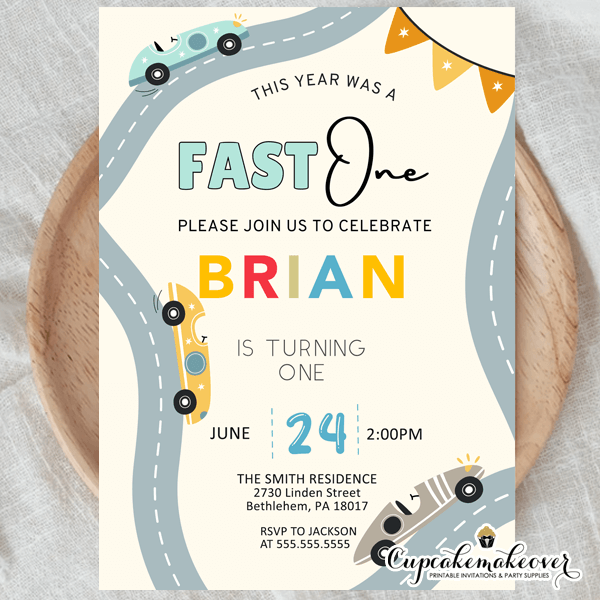 Sports Race Car First Birthday Invitation