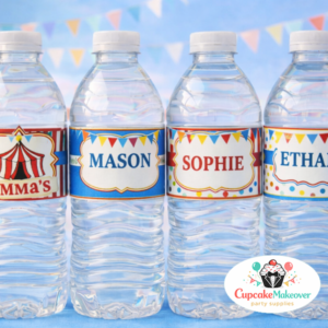 ircus Water Bottle Labels | Custom Carnival Birthday Drink Labels